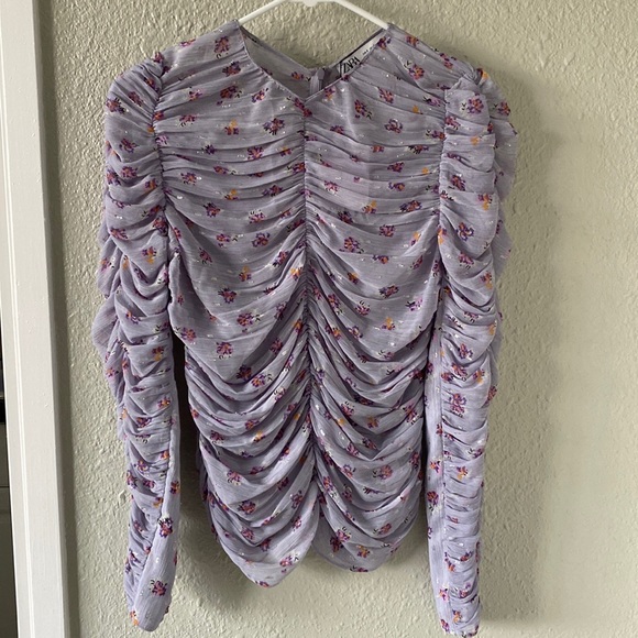 Zara Tops Zara Floral Ruched Long Sleeve Sheer Top Poshmark